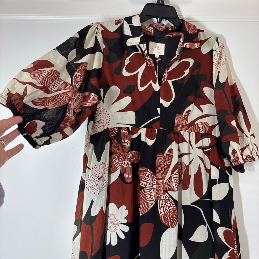 Umgee Rust Mix Floral Tiered Midi Dress 3/4 Puff Sleeves Lined NWT - Picture 2 of 8